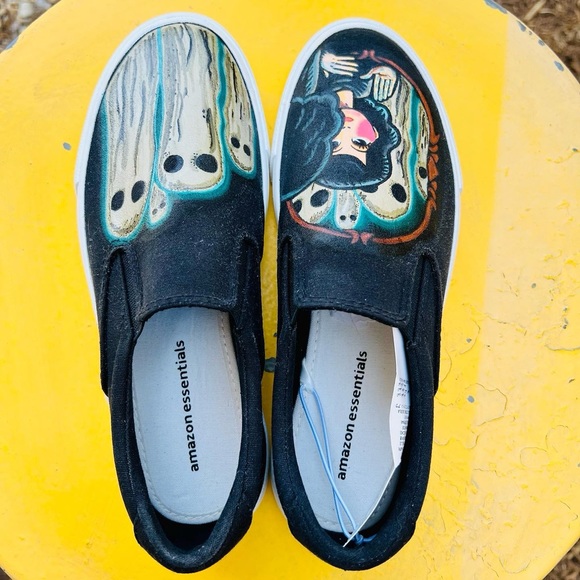 Hand Painted Ghost Faces Tattoo Trad Style Girl Mirror Horror Slip On Shoes 7 - Picture 3 of 12